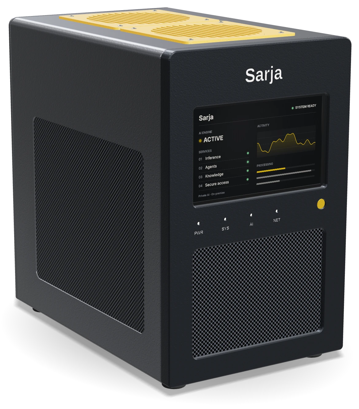 SarjaBox Mini, the previous-generation single-GPU machine: a compact dark enclosure with a front status display and yellow roof fan guards
