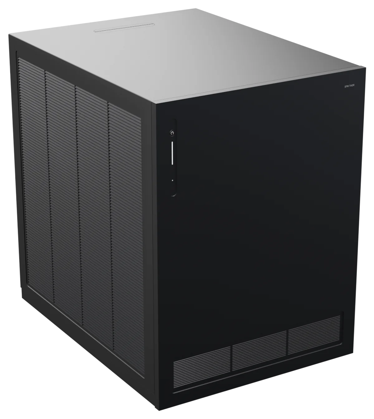 SPM Thor concept: a matte black 22-litre cube with louvred side panels, a flush pop-up handle in the top and a slim control strip on the front