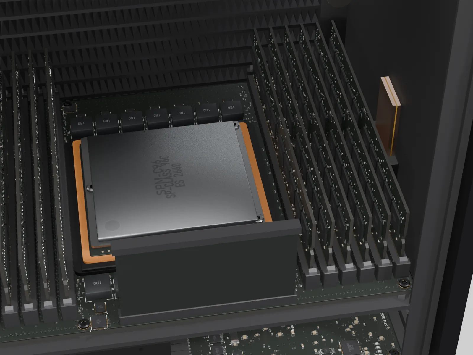 Macro of SPM Thor's system board with the CPU socket, power stages and memory slots